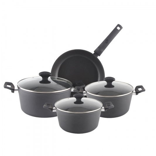 Set oale aluminiu 7 piese Zilan Strat interior neaderent, Manere ebonita, Capace sticla termorezistenta