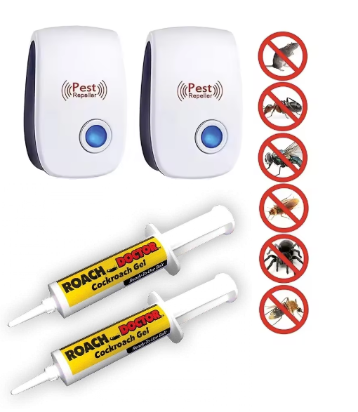 SET PROMO 2+2 Dispozitiv antidaunatori Pest Reject Repeller Ultrasonic + Insecticid Tip Gel Pentru Gandaci Doctor Roach