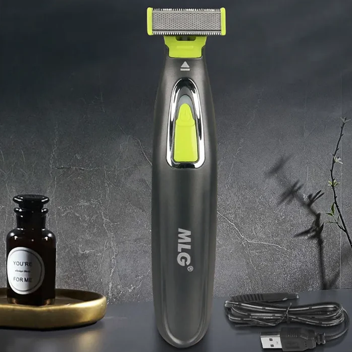 Trimmer facial electric MLG LT-187, fara fir, incarcare USB, cap pivotant, 3 piepteni deistantieri, negru cu verde