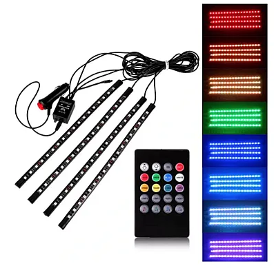 Set 4 benzi 18 LED cu lumina ambientale pentru auto si telecomanda RGB