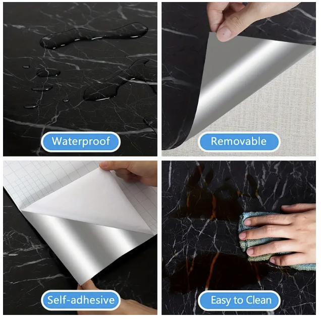 Set 4 X Autocolant Marmura NEGRU CU ALB 60 x 200 Autoadeziv Rezistent pentru Mobila