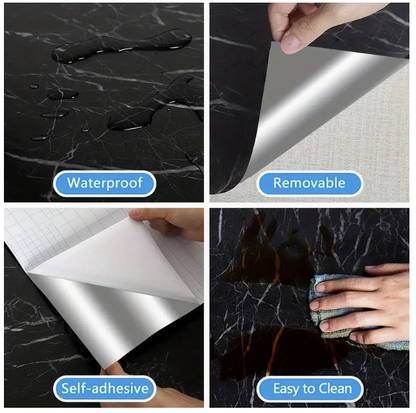 Set 4 X Autocolant Marmura NEGRU CU ALB 60 x 200 Autoadeziv Rezistent pentru Mobila