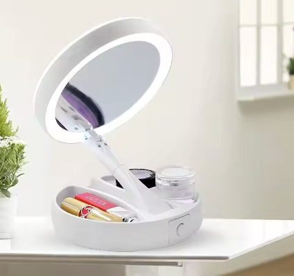 Oglinda cu 2 fete, rotunda pentru machiaj cu iluminare LED, Pliabila, 25 cm, Efect de lupa