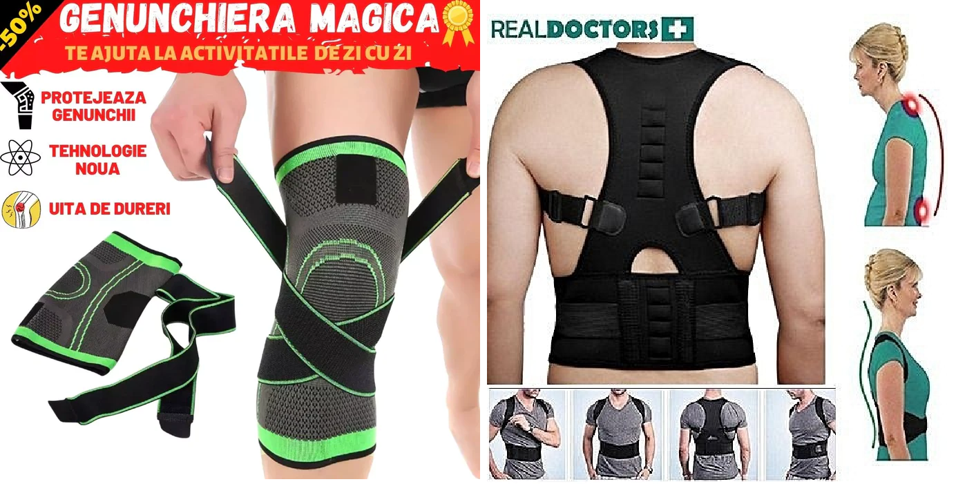 SET PROMO 1+1 CORSET MAGNETIC PENTRU CORECTAREA POZITIEI SPATELUI + Genunchiera elastica ajustabila, Orteza genunchi cu bretele elastice, bandaj pentru genunchi cu compresie respirabila