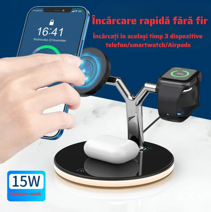 Incarcator Wireless 3 in 1 cu LED Model 970 pentru Telefon Ceas Casti