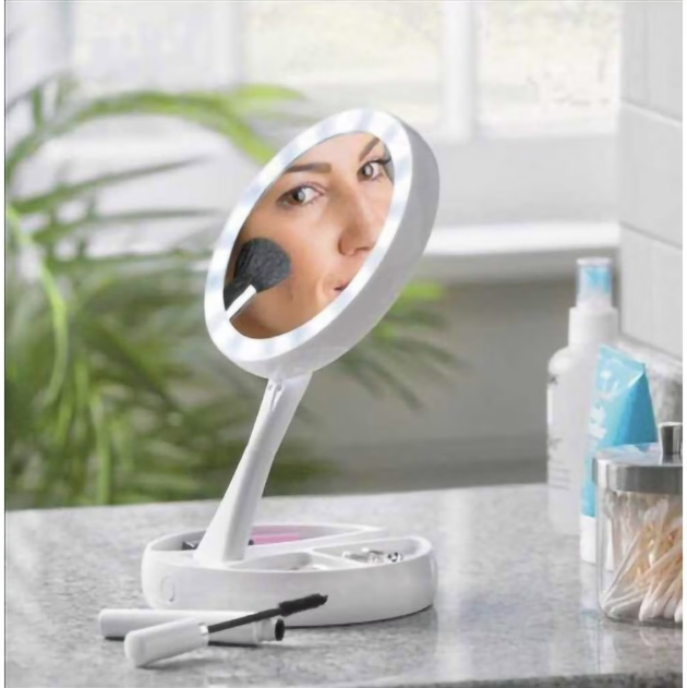 Oglinda cu 2 fete, rotunda pentru machiaj cu iluminare LED, Pliabila, 25 cm, Efect de lupa