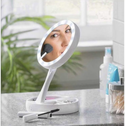 Oglinda cu 2 fete, rotunda pentru machiaj cu iluminare LED, Pliabila, 25 cm, Efect de lupa