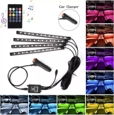 Set 4 benzi 12 LED cu lumina ambientale pentru auto si telecomanda RGB