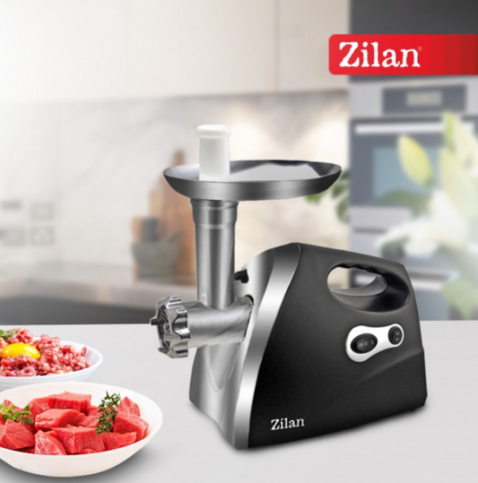 Masina de tocat carne ZILAN Negru 1200W, Tava si panou inox, Accesorii umplut carnati, Functie revers, 1.6kg/min