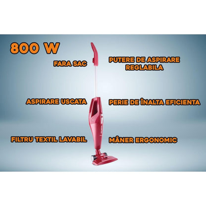 Aspirator vertical de mana HAUSBERG 2 in 1, fara sac, aspirare uscata, filtru textil lavabil, 1.2 l, 800 W, rosu