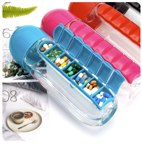 Sticla de apa cu organizator de pastile 600 ml
