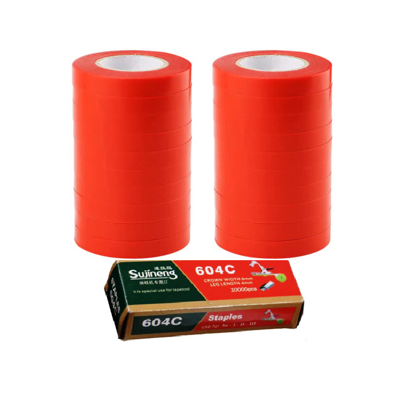Set 10.000 capse 604C si 20 buc banda rosie pentru aparat de legat vita de vie, 11mm, 21m, flexibila