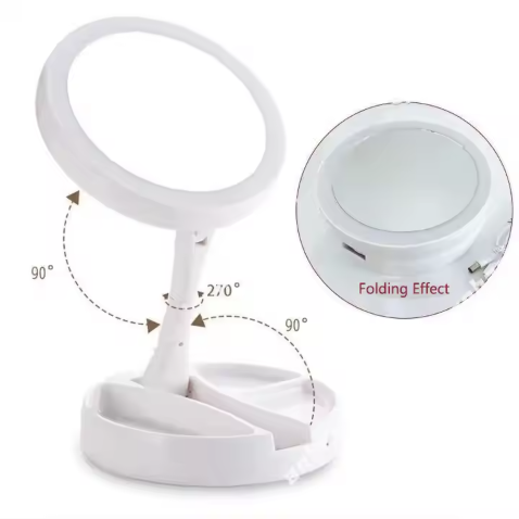 Oglinda cu 2 fete, rotunda pentru machiaj cu iluminare LED, Pliabila, 25 cm, Efect de lupa
