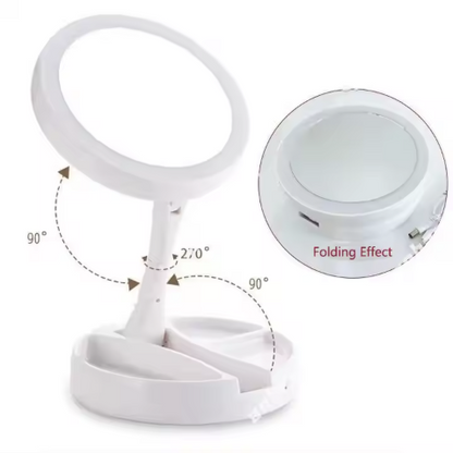 Oglinda cu 2 fete, rotunda pentru machiaj cu iluminare LED, Pliabila, 25 cm, Efect de lupa
