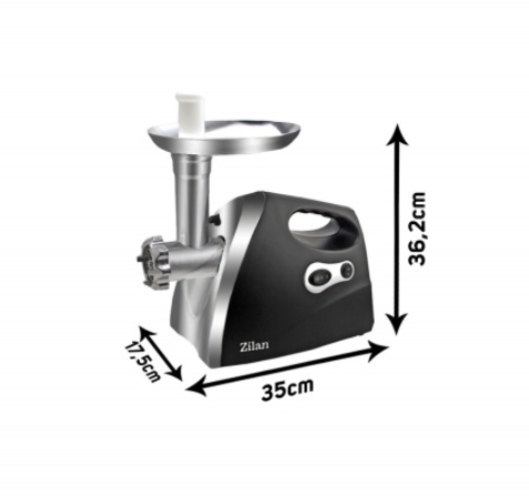 Masina de tocat carne ZILAN Negru 1200W, Tava si panou inox, Accesorii umplut carnati, Functie revers, 1.6kg/min