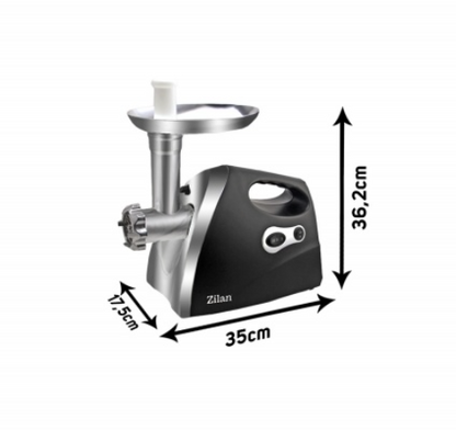 Masina de tocat carne ZILAN Negru 1200W, Tava si panou inox, Accesorii umplut carnati, Functie revers, 1.6kg/min
