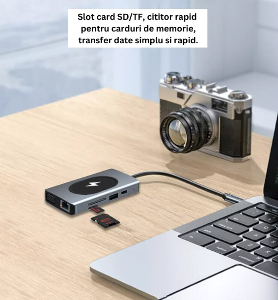 Hub cu 9 porturi diferite Q HU666 si incarcare wireless