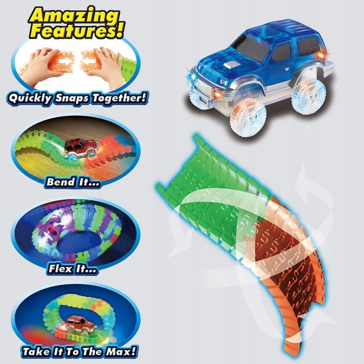 Pistă flexibilă strălucitoare Magic Tracks, 220 piese + mașinuță LED