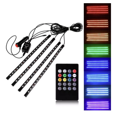 Set 4 benzi 12 LED cu lumina ambientale pentru auto si telecomanda RGB