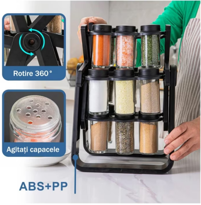 Suport Rotativ Condimente, 18 Sticlute 100ml, Etichete, Creion Alb, Mini Palnie, Economiseste Spatiu, Usor de Montat, Negru