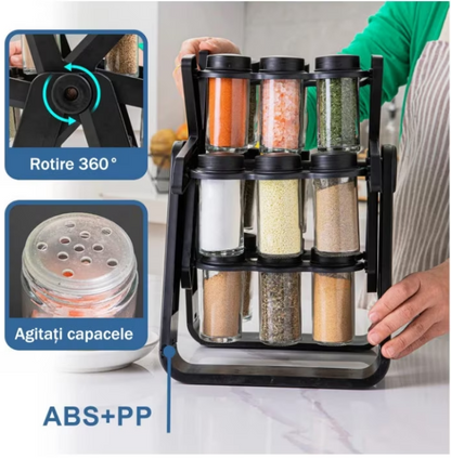 Suport Rotativ Condimente, 18 Sticlute 100ml, Etichete, Creion Alb, Mini Palnie, Economiseste Spatiu, Usor de Montat, Negru