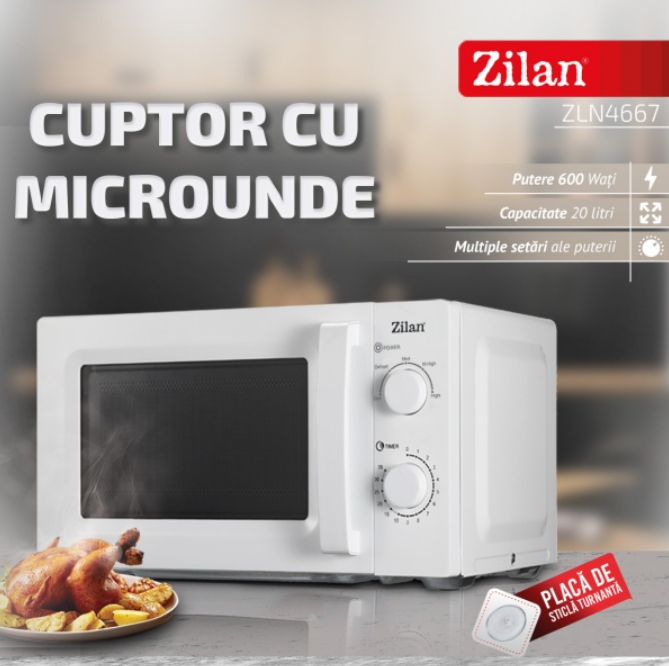 Cuptor cu microunde Zilan ZLN4667 Alb, putere 600 W, 20L, Timer