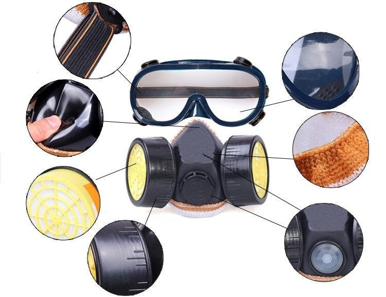 Set ochelari si masca de protectie cu 2 filtre de carbon activ, pentru protectie vapori, vopsea sau praf