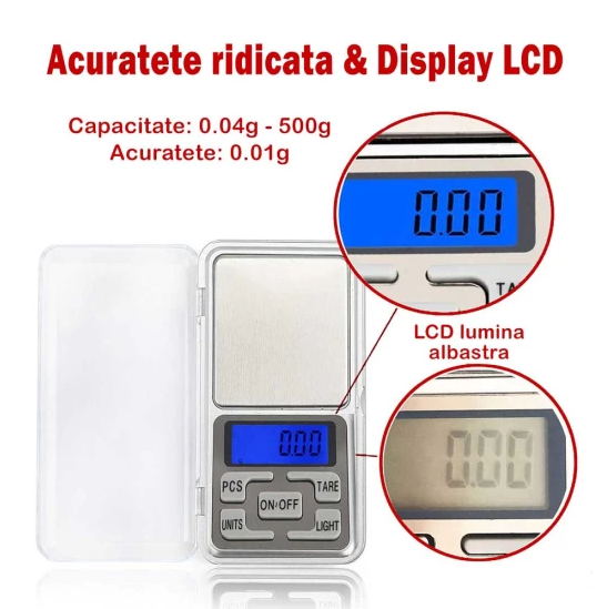 CANTAR DIGITAL PRECIZIE 0.1G, CAPACITATE 500GR, ECRAN LCD, ILUMINAT ALBASTRU.