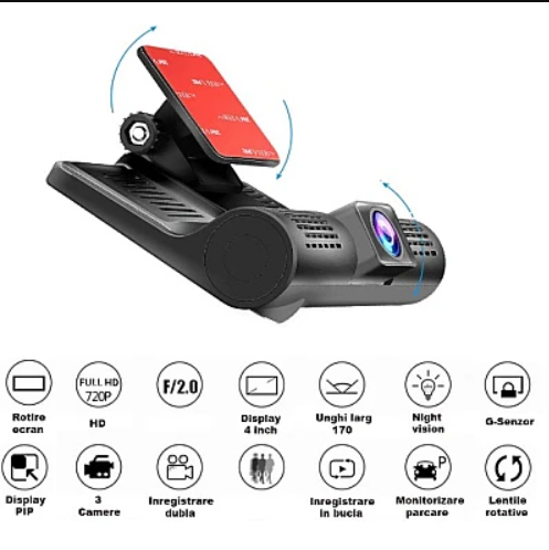 Camera Auto Full Hd 1080P Tripla Monitor 4inch Touchscreen Bord+Habitaclu+Spate 170 Grade