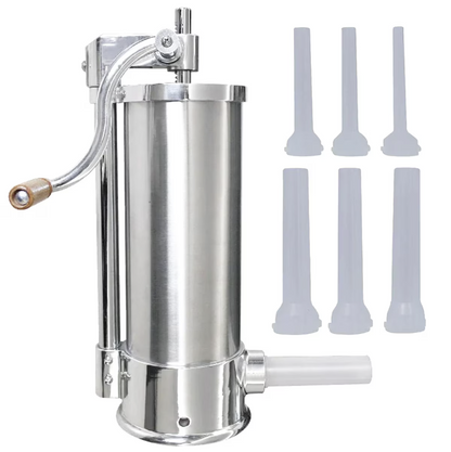 Aparat vertical de umplut carnati, capacitate 6 kg, inox, 5 palnii incluse