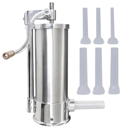 Aparat vertical de umplut carnati, capacitate 6 kg, inox, 5 palnii incluse