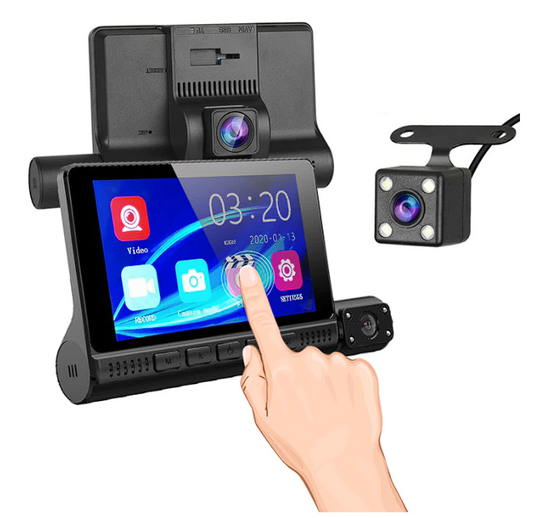 Camera auto tripla Full HD 1080P, monitor 4inch TOUCHSCREEN, bord+habitaclu+spate, rezolutie ultra, 170 grade unghi extra-larg de filmare, senzor G, vedere nocturna, Functie Foto