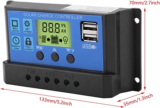 Regulator Controler pentru panou solar, 10A, 12V/24V, Display LCD si 2 porturi USB