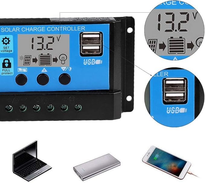 Regulator Controler pentru panou solar, 10A, 12V/24V, Display LCD si 2 porturi USB