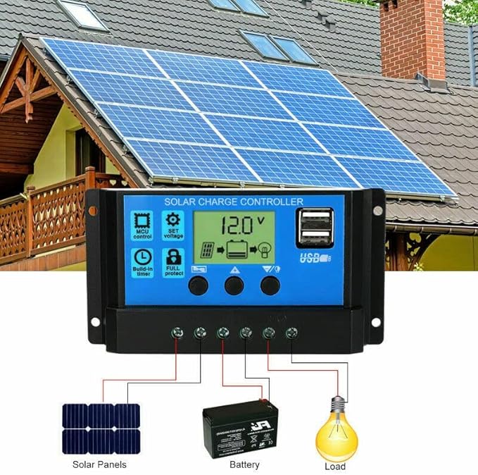 Regulator Controler pentru panou solar, 10A, 12V/24V, Display LCD si 2 porturi USB