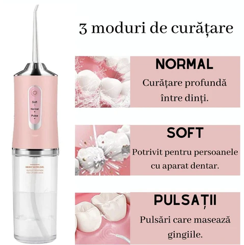 Irigator bucal electric, 3TREPTE de presiune,8 capete curatare, fara fir, IPX6, Rezervor 220 ML