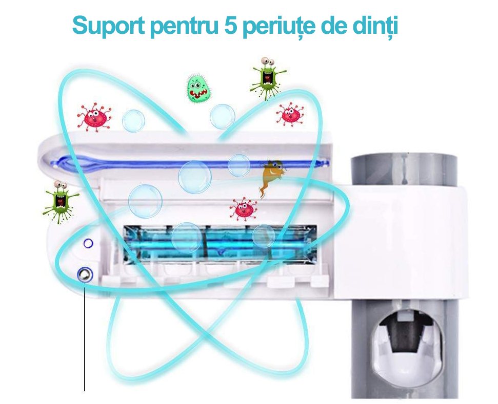 Dozator Pasta De Dinti Cu Suport Periute Cu Functie De Sterilizare Antibacteriala