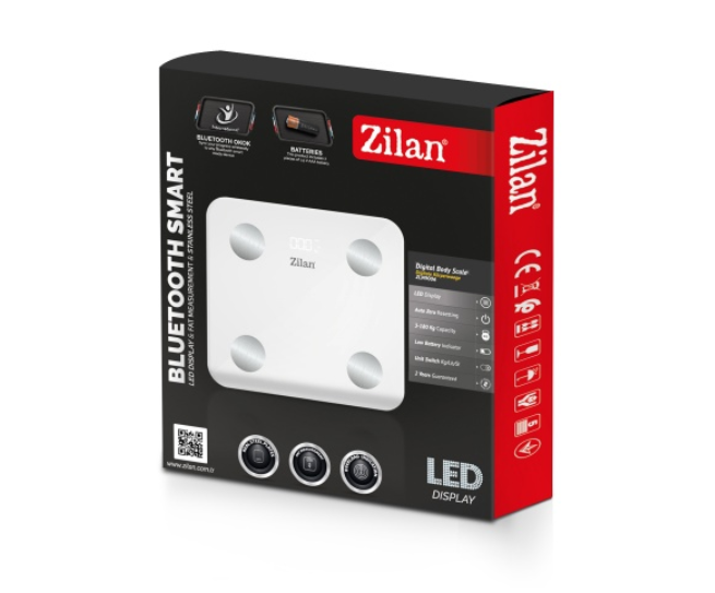 Cantar corporal Zilan ZLN din sticla securizata, capacitate 3-180kg, Aplicatie OKOK, Display LED