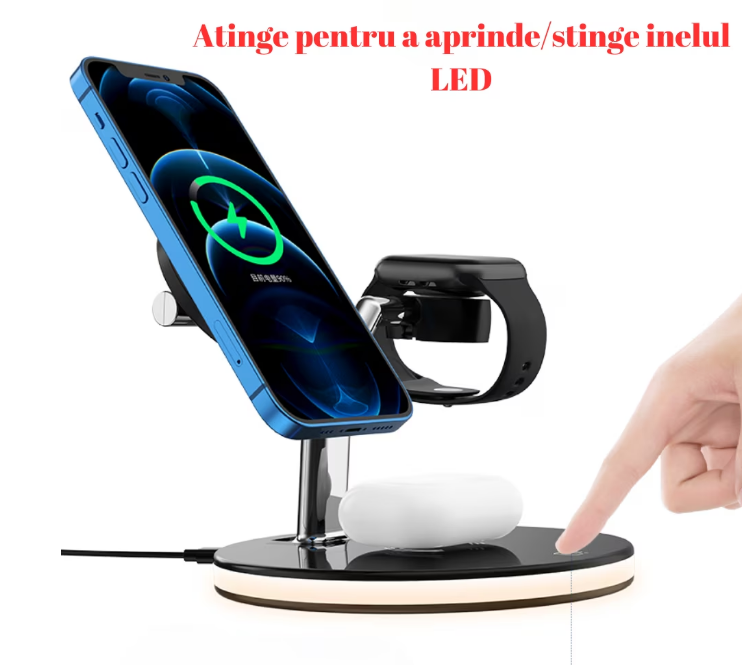 Incarcator Wireless 3 in 1 cu LED Model 970 pentru Telefon Ceas Casti