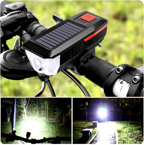 Far lampa cu panou solar pentru bicicleta / trotineta, claxon, usb, functie incarcare telefon