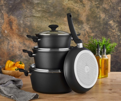 Set oale aluminiu 7 piese Zilan ZLN-3277, Strat interior neaderent, Manere ebonita, Capace sticla termorezistenta