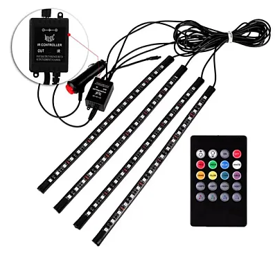Set 4 benzi 18 LED cu lumina ambientale pentru auto si telecomanda RGB