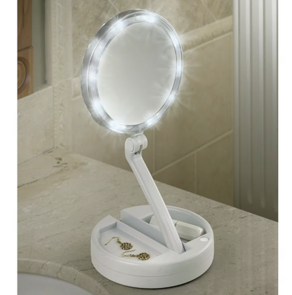 Oglinda cu 2 fete, rotunda pentru machiaj cu iluminare LED, Pliabila, 25 cm, Efect de lupa