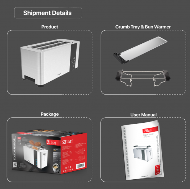 Prajitor de paine Zilan ZLN6234 Argintiun, ecran digital si tactil, putere 1400W, inox