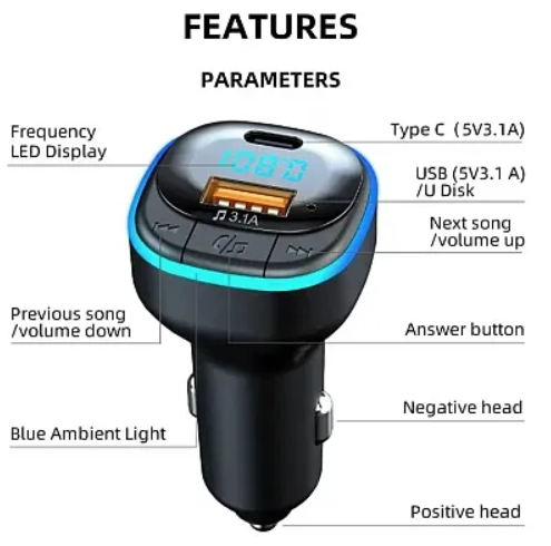 Modulator FM C33 Radio functie Bluetooth Led Multicolor USB A USB C Negru