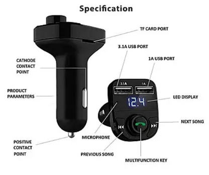 Modulator Fm auto Xd8 cu functie Bluetooth Mod Bt cu doua porturi Usb microSd Negru