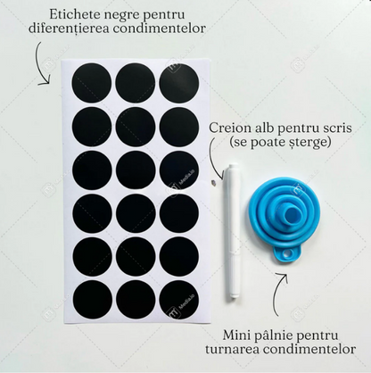 Suport Rotativ Condimente, 18 Sticlute 100ml, Etichete, Creion Alb, Mini Palnie, Economiseste Spatiu, Usor de Montat, Negru