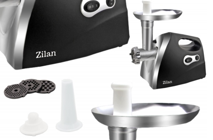 Masina de tocat carne ZILAN Negru 1200W, Tava si panou inox, Accesorii umplut carnati, Functie revers, 1.6kg/min