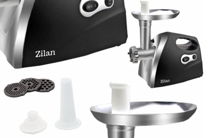 Masina de tocat carne ZILAN Negru 1200W, Tava si panou inox, Accesorii umplut carnati, Functie revers, 1.6kg/min