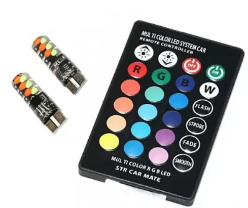 Set 2 Becuri LED RGB Auto Cu Telecomanda soclu T10 cu BILUTE/ 192 / w5w putere 2W